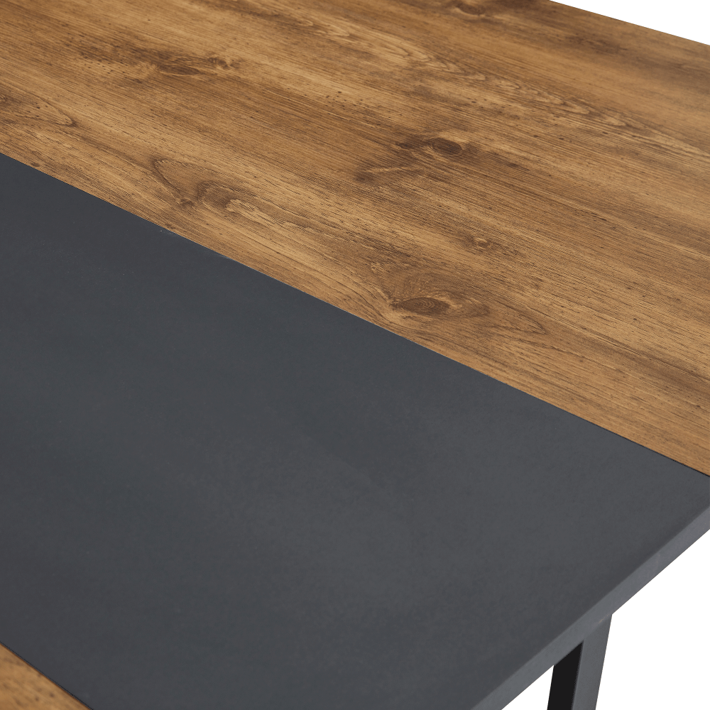 Extendable Dining Table with Wood Grain Finish and Black Stripe Accents | Sturdy Black Metal Frame, Space-Saving Design, Suitable for 4-6 People, Contemporary Style