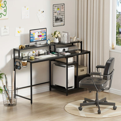 2-Tier Modern Computer Desk With Cup Holder & Headphone Stand - Wooden Desktop + Sturdy Metal Frame, Removable Fabric Drawer & Space-Saving Design For Home Office/Study Room (141x41x75cm)