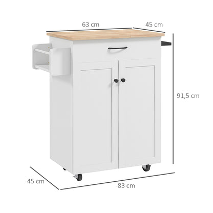 Keukentrolley – Keukenwagen – Serveerwagen – Keukenmeubel – Keukenkar – Wit Met Hevea Houten Blad – Veel Opbergruimte En Makkelijk Verplaatsbaar