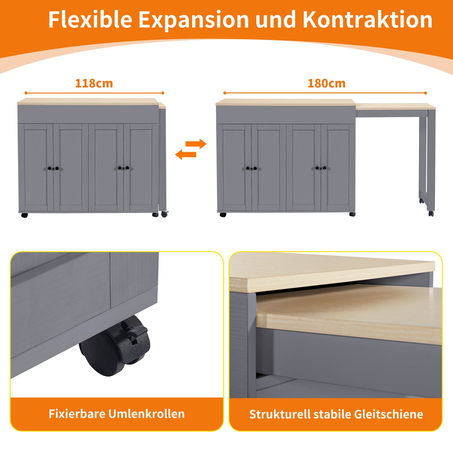 Uitschuifbare Bartafel – Bar Tafel – Eettafel – Keukentafel – Sta Tafel – Met 6 Opbergvakken – Houten Look Tafelblad – 118-180x50x94 cm – Grijs