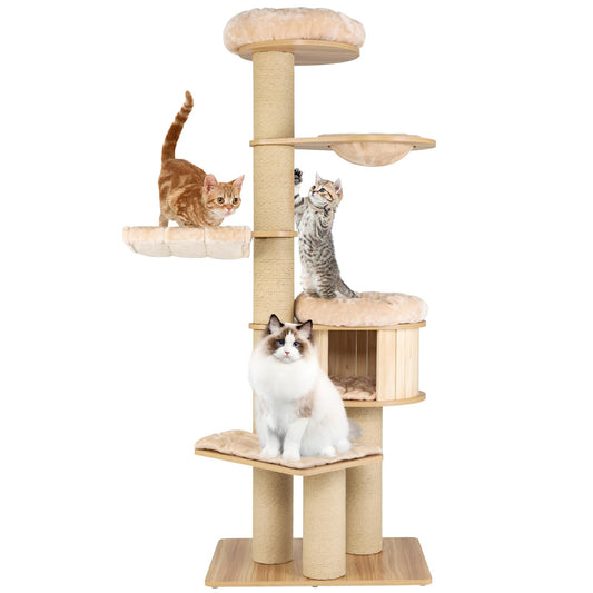 Kattenboom – Krabpaal – Klimmeubel – Kattenhuis – Kattenmeubel – Groot Houten Condo – Afneembare Wasbare Matten – Beige