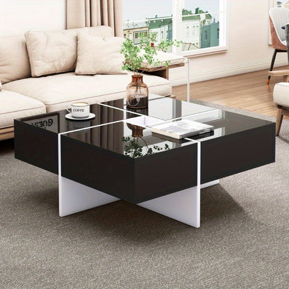 Salontafel – Koffietafel – Bijzettafel – Woonkamertafel – Tafeltje – Modern Hoogglans – 70x70x35 cm – Zwart-Wit Met Opbergruimte En 4 Lades
