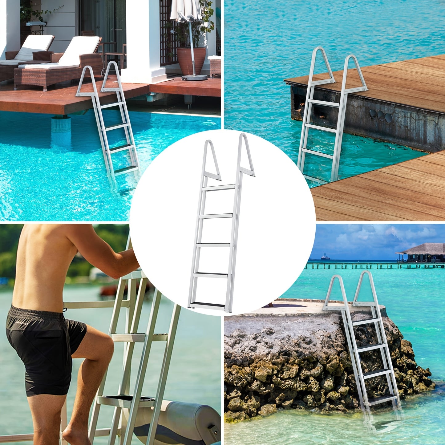 Bootladder – Badladder – Zwemtrap – Instapladder – Afneembare Ladder – 5 Treden – Hoogwaardig Aluminium – Maximaal Draagvermogen 159 kg
