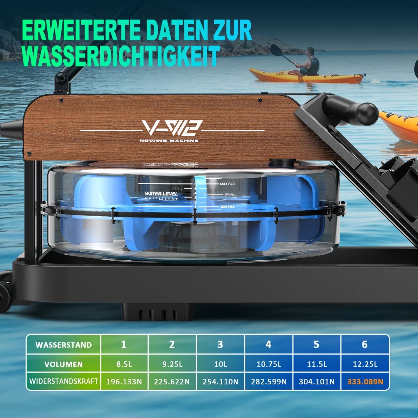 VOWVIT Foldable Water Rowing Machine for home Gym - Wireless Row Rower with Oak Wood Frame, Heavy-Duty Full-Size Training Device Suitable for s & Seniors, Space-Saving Equipment