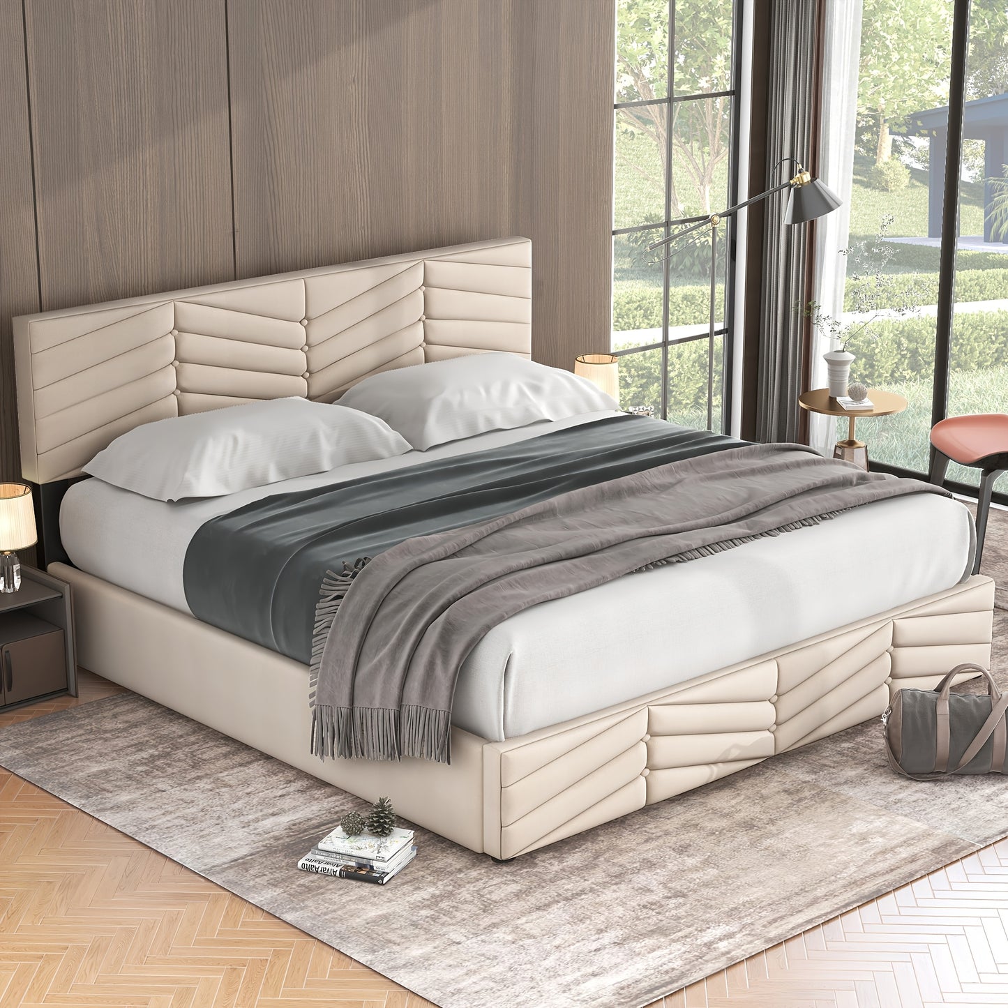 Tweepersoonsbed – Gestoffeerd Bed – Slaapbank – Ledikant – Bedframe – Verstelbaar Hoofdbord – 180x200 cm – Beige – Klassiek Design – Hoogwaardige Stoffering