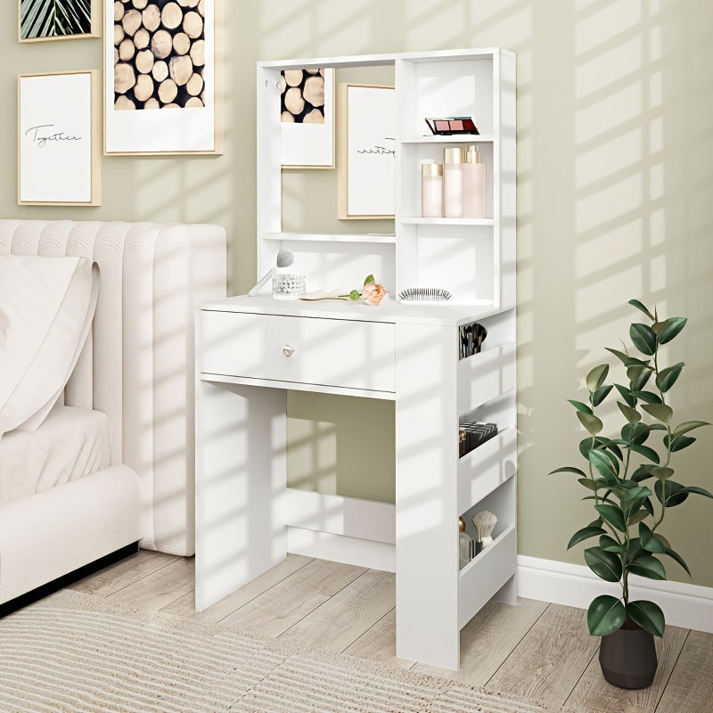 Moderne Kaptafel – Dressoir – Toiletmeubel – Make-uptafel – Vanity – Witte Bamboo Kaptafel – Compact Design – 3-zijdige Spiegel – Duurzaam Bamboe – 3,2 Kubieke Voet Opbergruimte