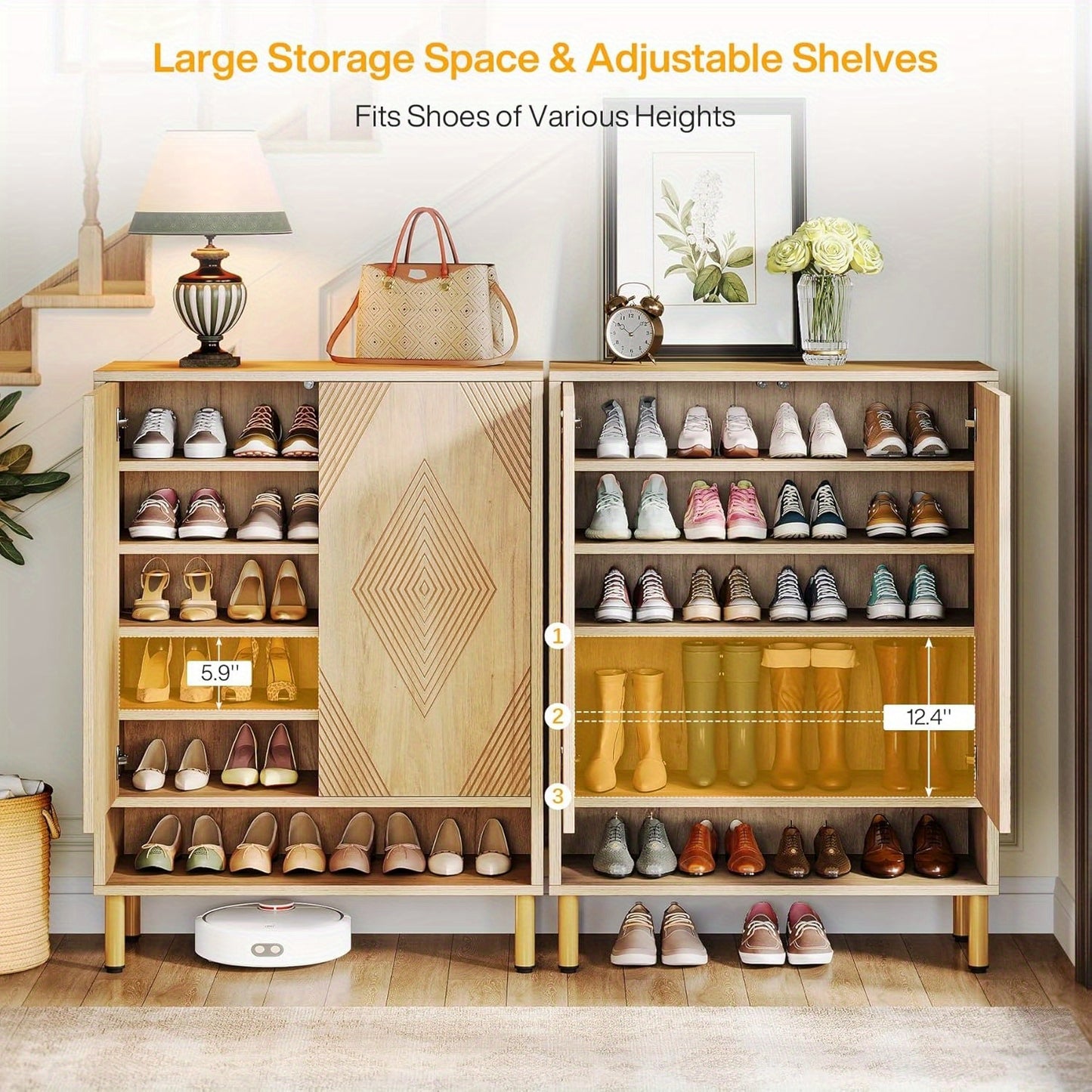 Schoenenkast – Schoenenopberger – Schoenenrek – Schoenenkastje – Schoenendisplay – 6-laags met verstelbare planken – Houtcomposiet met metalen poten – Ruimte voor 24 paar schoenen – Modern design met schuine deuren