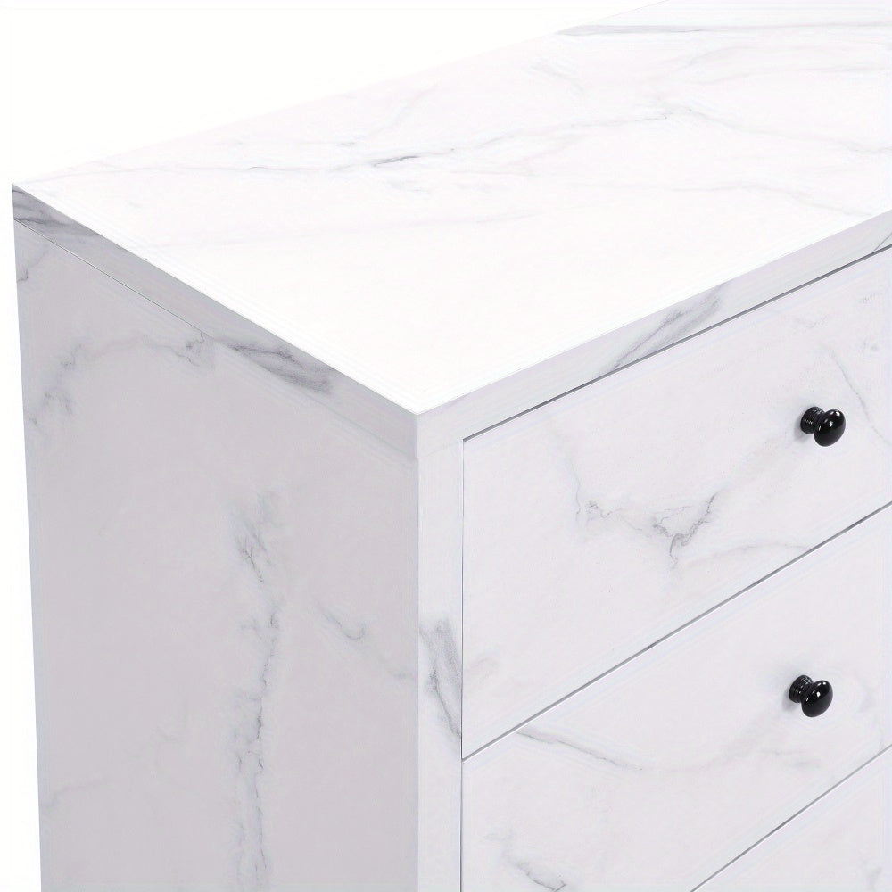 Opbergkast – Kast – Ladenkast – Bergkast – Dressoir – Wit Met Marmerlook – 120 cm Breed – Zes Lades Met Anti-Kantelmechanisme