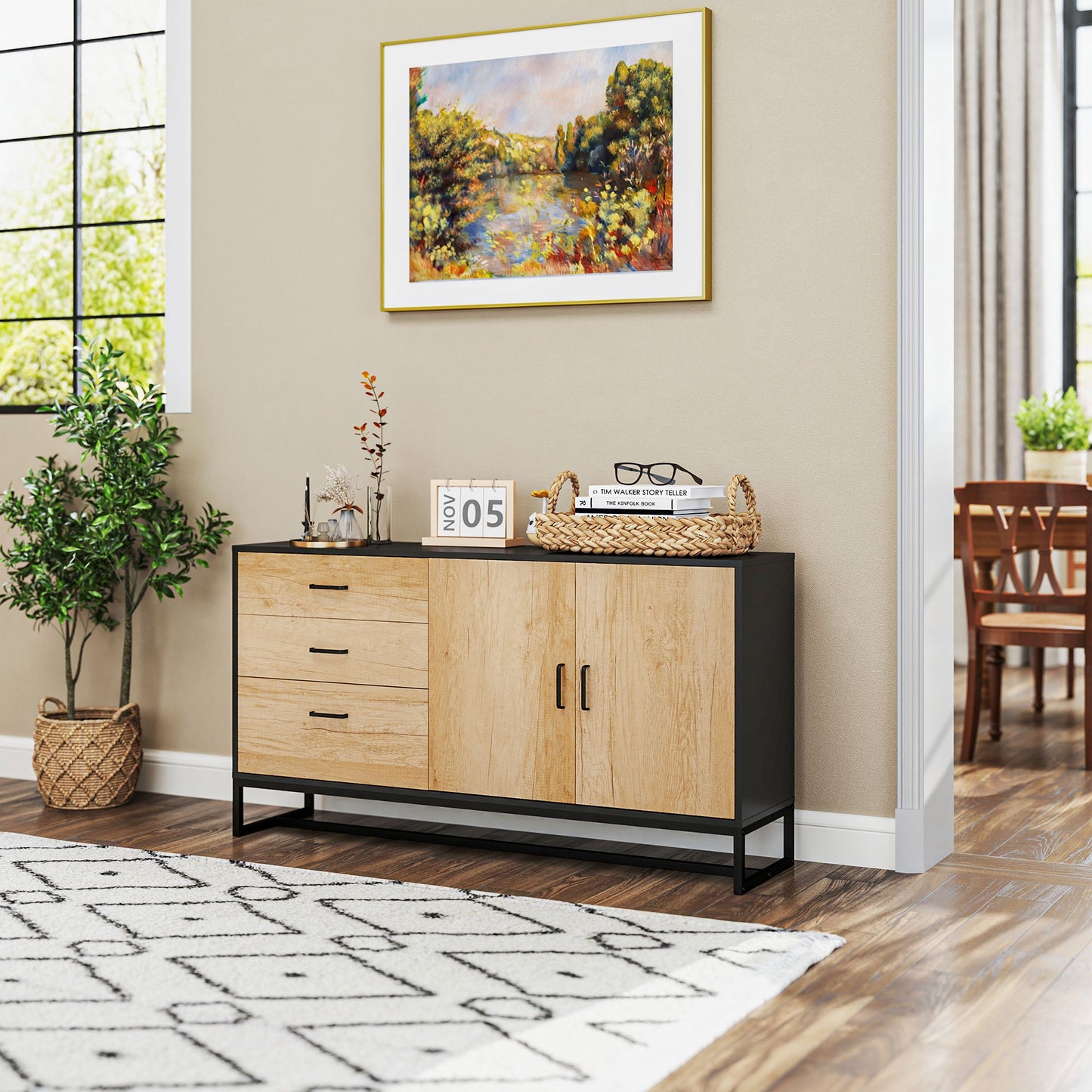 Buffetkast – Dressoir – Opbergkast – Sideboard – Buffetmeubel – Met 3 Laden en Verstelbare Plank – Stalen Poten en Aluminium Handgrepen – Natuurlijke Houtlook – Afmeting 140x35x75 cm