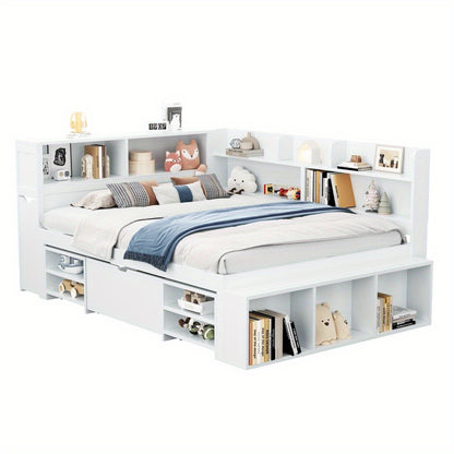 Bedbank – Slaapbank – Logeerbed – Eenpersoonsbed – Multifunctioneel – Ruime Opbergladen – Boekenplank – Lattenbodem – 140x200 cm – Wit