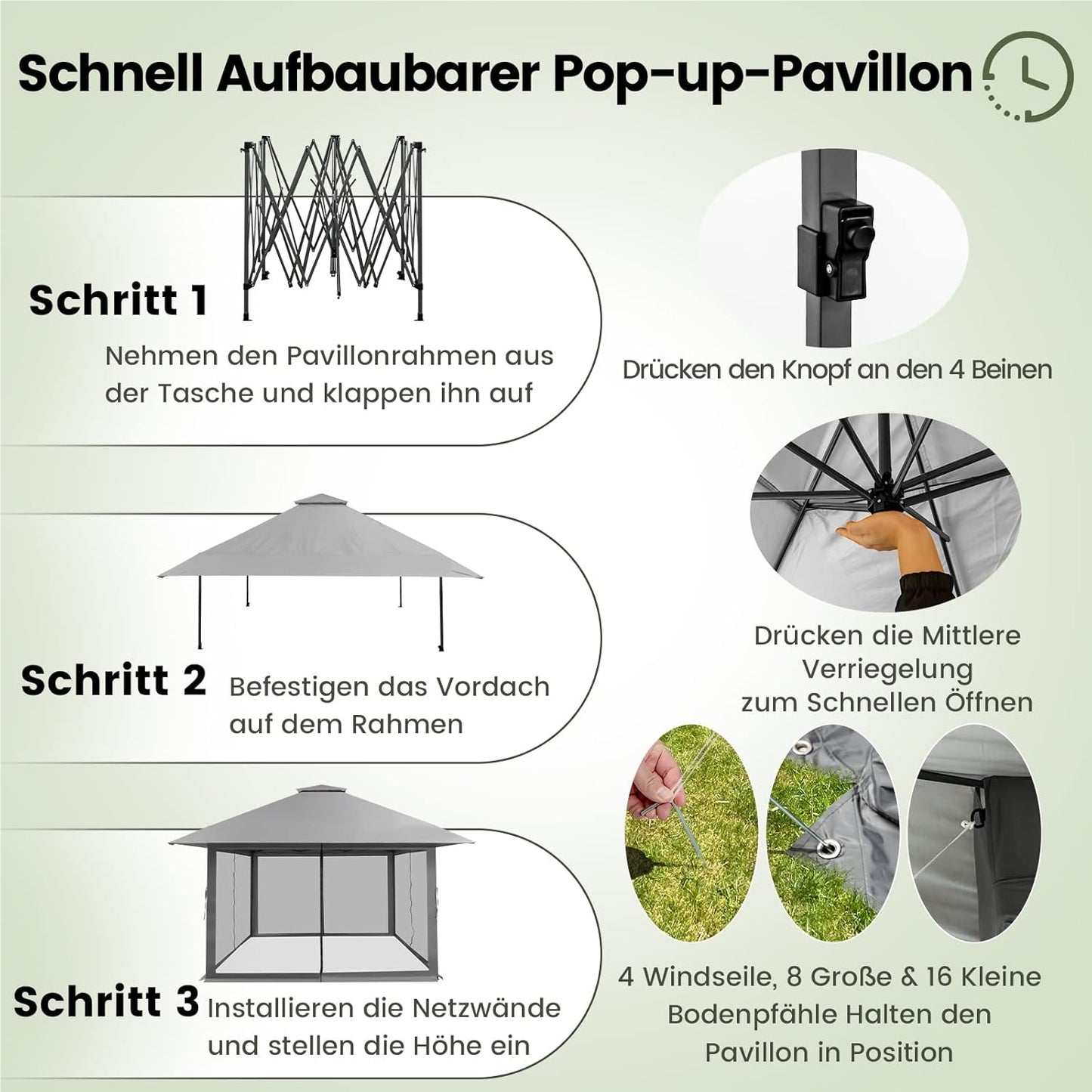 4x4m Pop-Up Vouwpaviljoen – Vouwtent – Tuinpaviljoen – Partytent – Schaduwdoek – UV Bescherming 50+ – Verstelbare Hoogte – Inclusief Draagtas Met Wieltjes – Grijs
