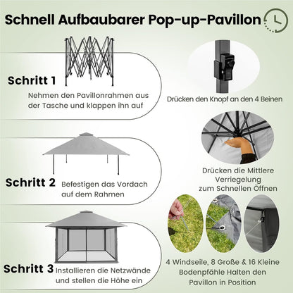 4x4m Pop-Up Vouwpaviljoen – Vouwtent – Tuinpaviljoen – Partytent – Schaduwdoek – UV Bescherming 50+ – Verstelbare Hoogte – Inclusief Draagtas Met Wieltjes – Grijs