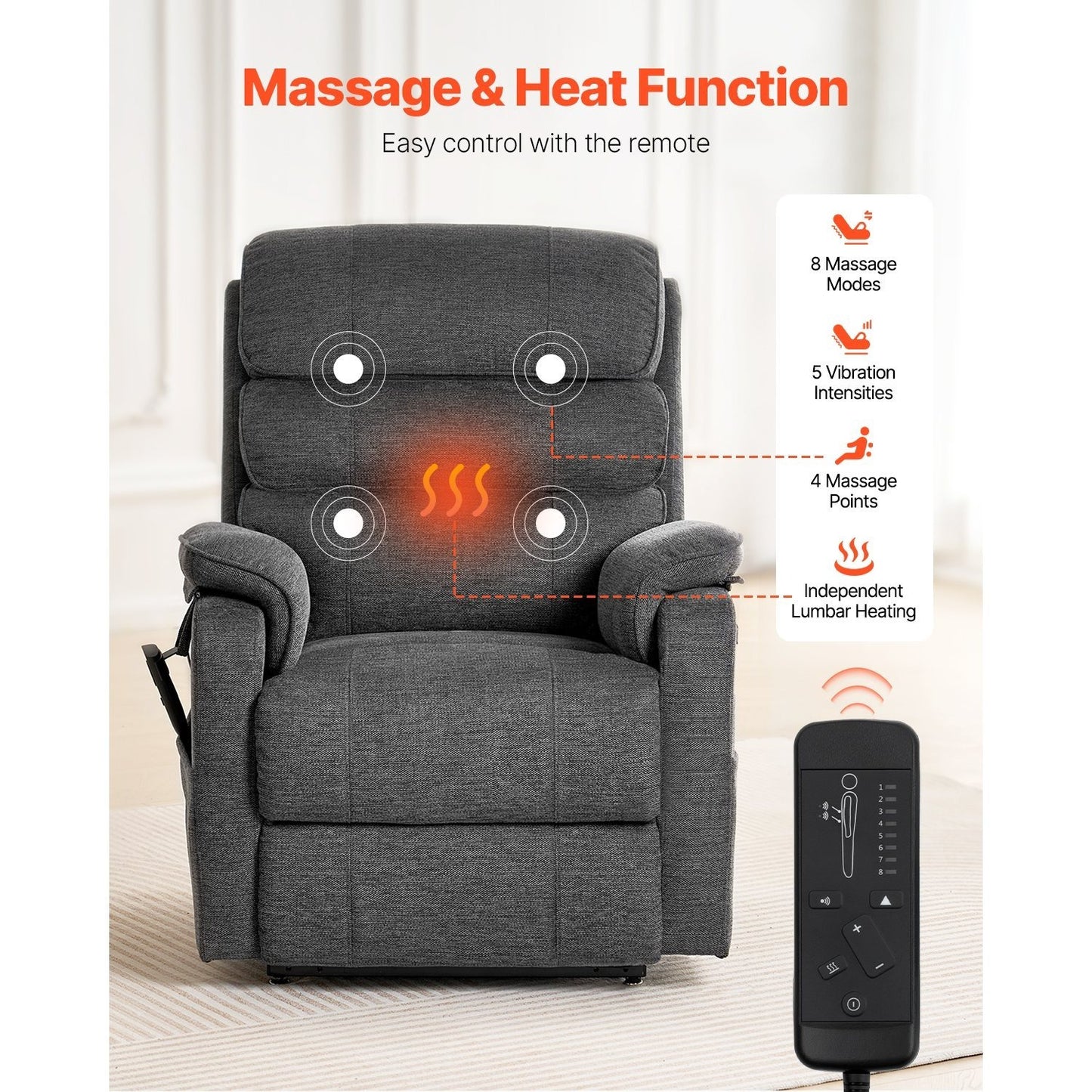 Liftstoel – Relaxfauteuil – Elektrische Stoel – Powerlift – Verstelbare Stoel – Verwarmde Lendensteun – Dubbele Motoren met Afstandsbediening