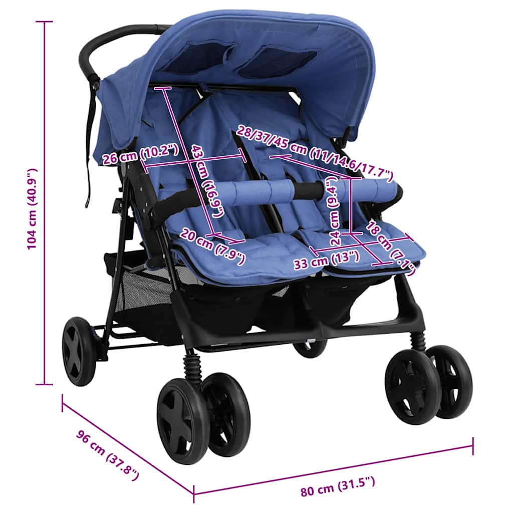 Twinwagen – Dubbele Kinderwagen – Duowagen – Tweelingwagen – Wandelwagen – Stalen Frame – Inclusief Zonnekap – Inklapbaar – Marineblauw