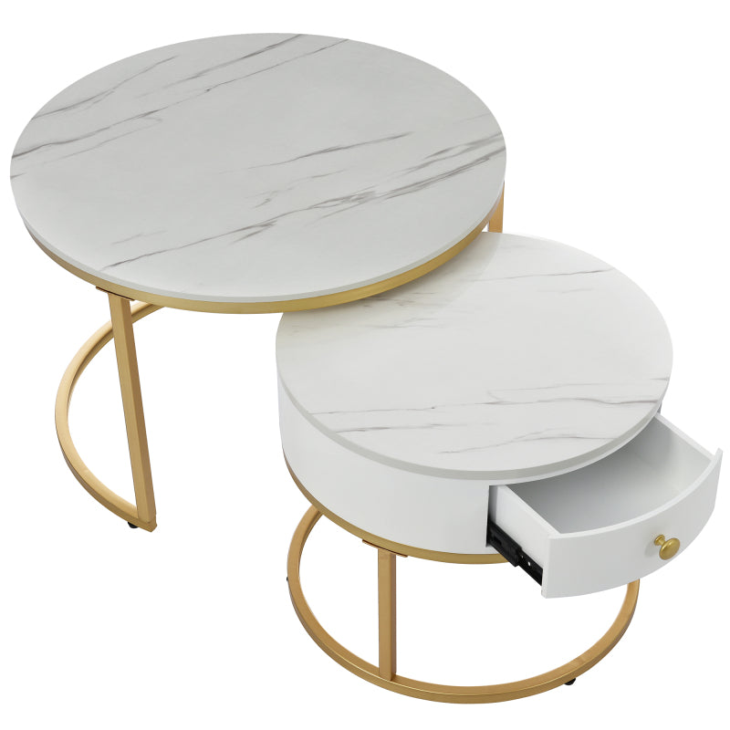 Salontafel – Koffietafel – Bijzettafel – Nachtkastje – Woonkamertafel – Hoogglans Marmerpatroon – Set van 2 Ronde Nesting Tafels 70x70 & 50x50 cm