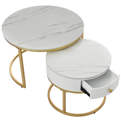 Salontafel – Koffietafel – Bijzettafel – Nachtkastje – Woonkamertafel – Hoogglans Marmerpatroon – Set van 2 Ronde Nesting Tafels 70x70 & 50x50 cm