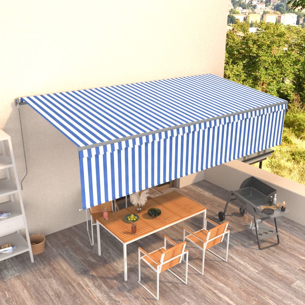 Uitschuifbaar Zonnescherm – Terraszonnescherm – Uitschuifbaar Markies – Buitenluifel – Balkonzonwering – Aluminium Frame – UV- en Waterbestendig Doek 6x3 Meter Blauw-Wit