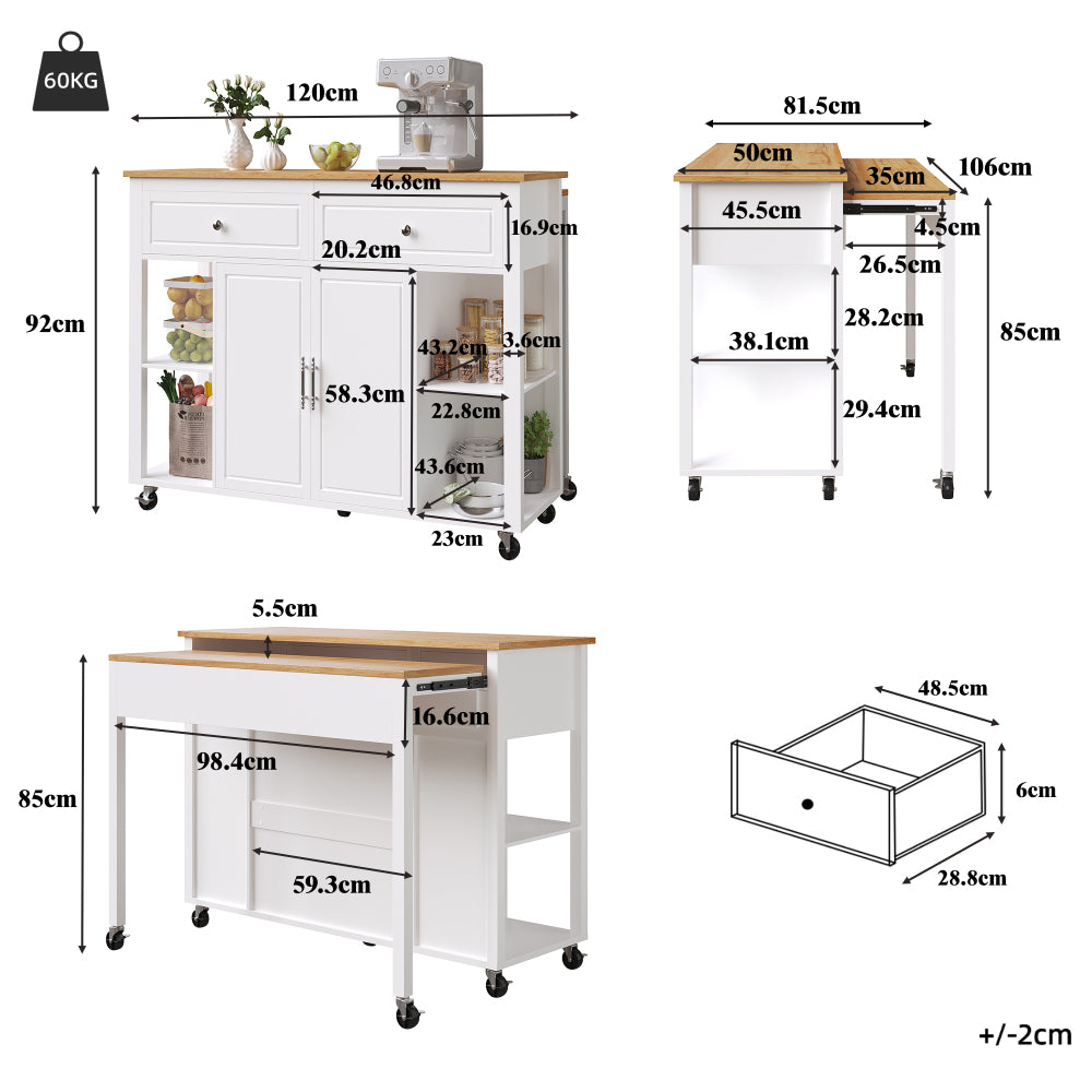 Keukentrolley – Keukeneiland – Serveerwagen – Opbergtrolley – Rolwagen – Mobiel met Vergrendelbare Lades – Stevige Wielen met Remmen – Wit/Zwart – Eenvoudige Montage – Duurzaam Niet-Houtmateriaal