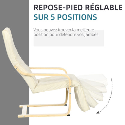 Relaxstoel – Fauteuil – Loungestoel – Zitstoel – Armstoel – Verstelbare Voetensteun – Ergonomisch Ontwerp – Solide Hout – Crèmekleur – Hoogwaardig Schuim