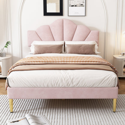 Gestoffeerd Tweepersoonsbed – Bed – Slaapbed – Platformbed – Velvet Bed – Roze Velvet Bekleding – Verstelbaar Hoofdeinde – Gouden Metalen Pootjes