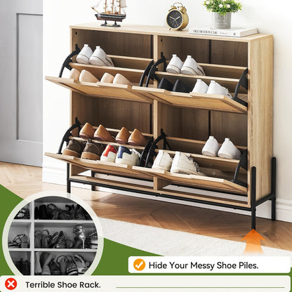 Schoenenkast – Schoenenrek – Schoenenopberger – Schoenenbank – Smal Meubel – 4 Deuren Met Flip-Up – Verstelbare Planken – 24 Cm Diep – 100 x 88 Cm