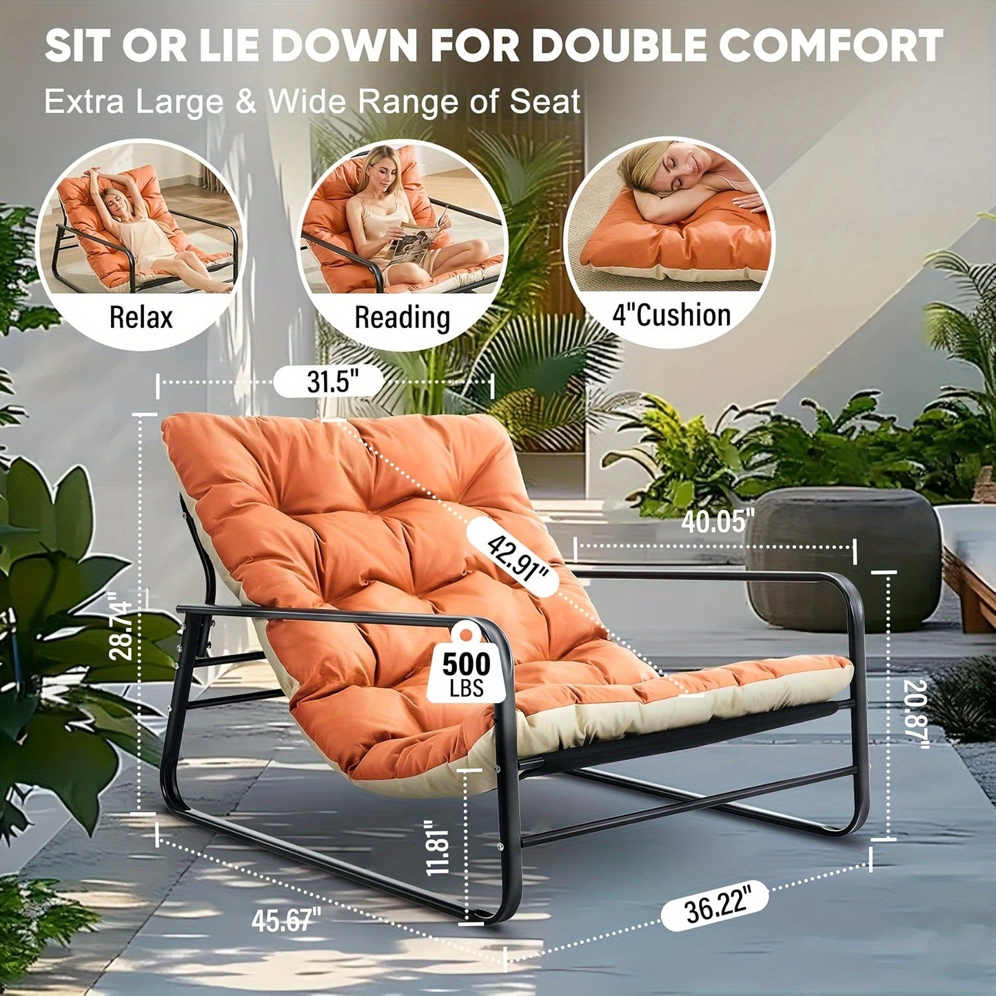 Lounge Stoel – Loungestoel – Fauteuil – Tuinstoel – Relaxstoel – Extra Groot Formaat – Dikke Zachte Kussens – 226,8 KG Draagkracht – Oranje/Beige