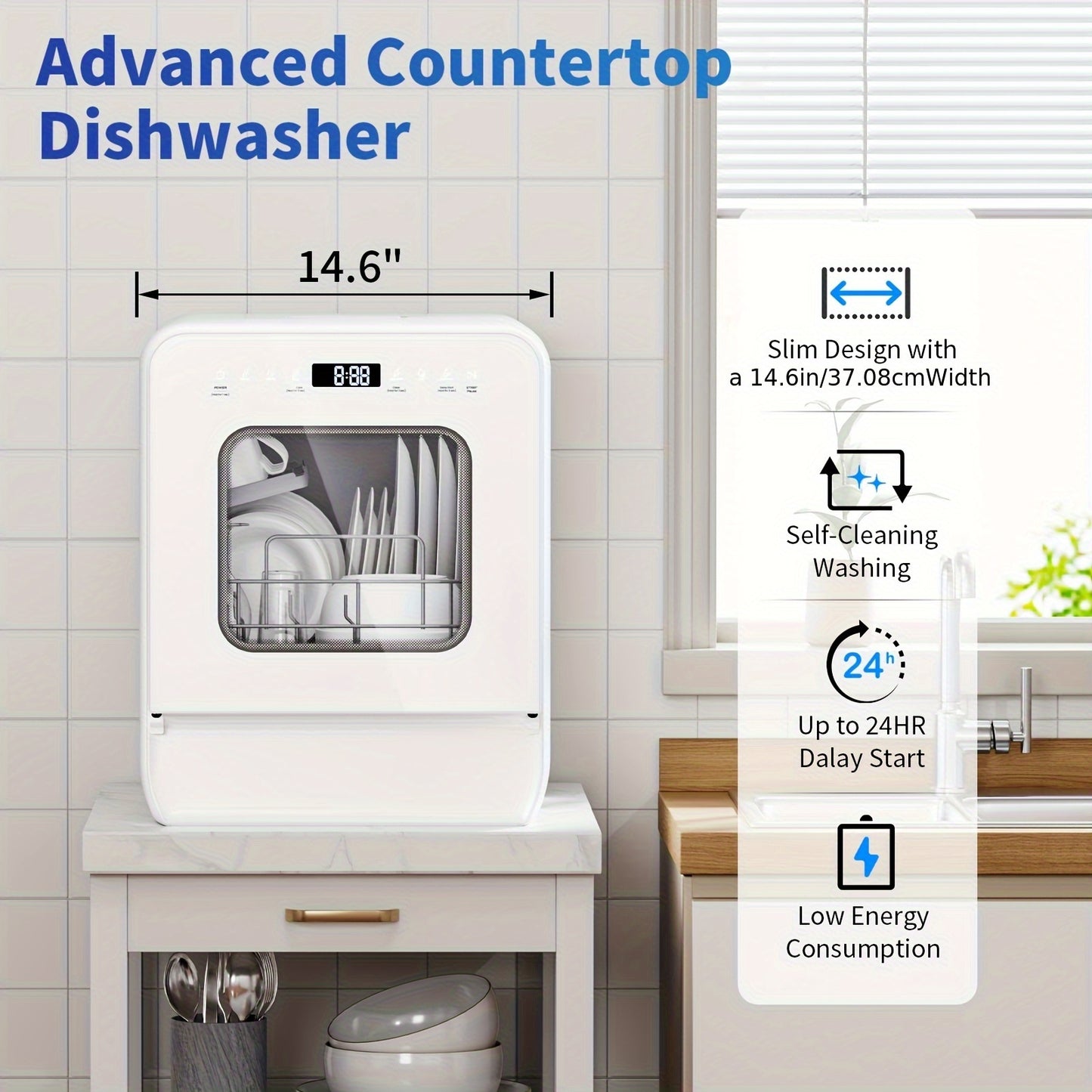 Mini Vaatwasser – Tafelmodel Vaatwasser – Kleine Vaatwasser – Compacte Vaatwasser – Mini Dishwasher – Ingebouwd 5L Waterreservoir – 7+2 Wasprogramma’s & 24-Uurs Uitgestelde Start