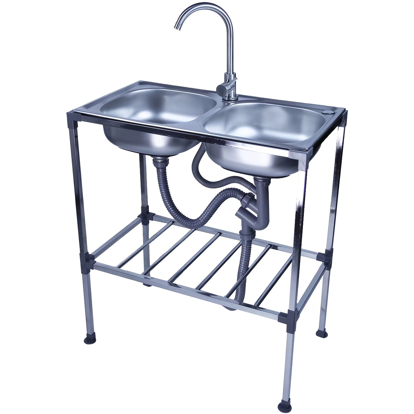 SIZE:75x40x83cm Freestanding Sink, 2 Basins, Bathroom Basin, Lavatory Sink With Hot And Cold Water Taps, Suitable For Kitchen, Outdoors, Camping, Garden, Garage
