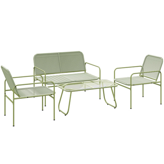 4-Persoons Loungeset Buiten – Tuinmeubels – Loungesofa – Balkonset – Terras Meubilair – Groen – Weerbestendig Gevlochten Kunststof – Temperglas Salontafel