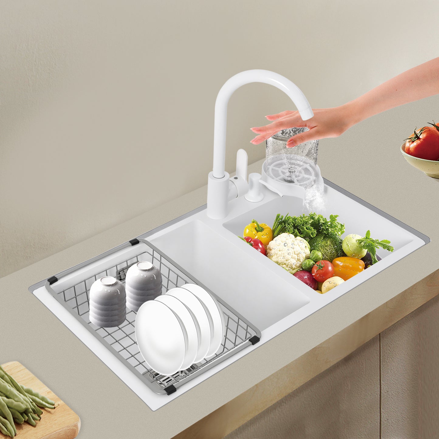 TOOL1SHOOO Large Double Basin Kitchen Sink 304 Stainless Steel with Faucet Double Basin Set Drain Basket Hand Soap Dispenser Top And Bottom Mount Modern White Sink with High Overflow Hole