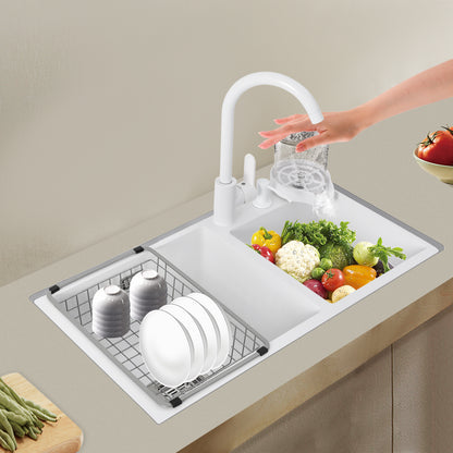 TOOL1SHOOO Large Double Basin Kitchen Sink 304 Stainless Steel with Faucet Double Basin Set Drain Basket Hand Soap Dispenser Top And Bottom Mount Modern White Sink with High Overflow Hole