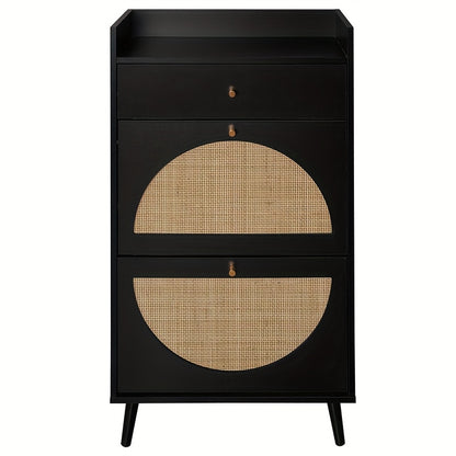 Schoenenkast – Schoenenrek – Schoenenopberger – Halkast – Schoenenbankje – Zwart Rattan Look – 2 Deuren Met Lade – 60 cm Breed – Zonder Achterpaneel