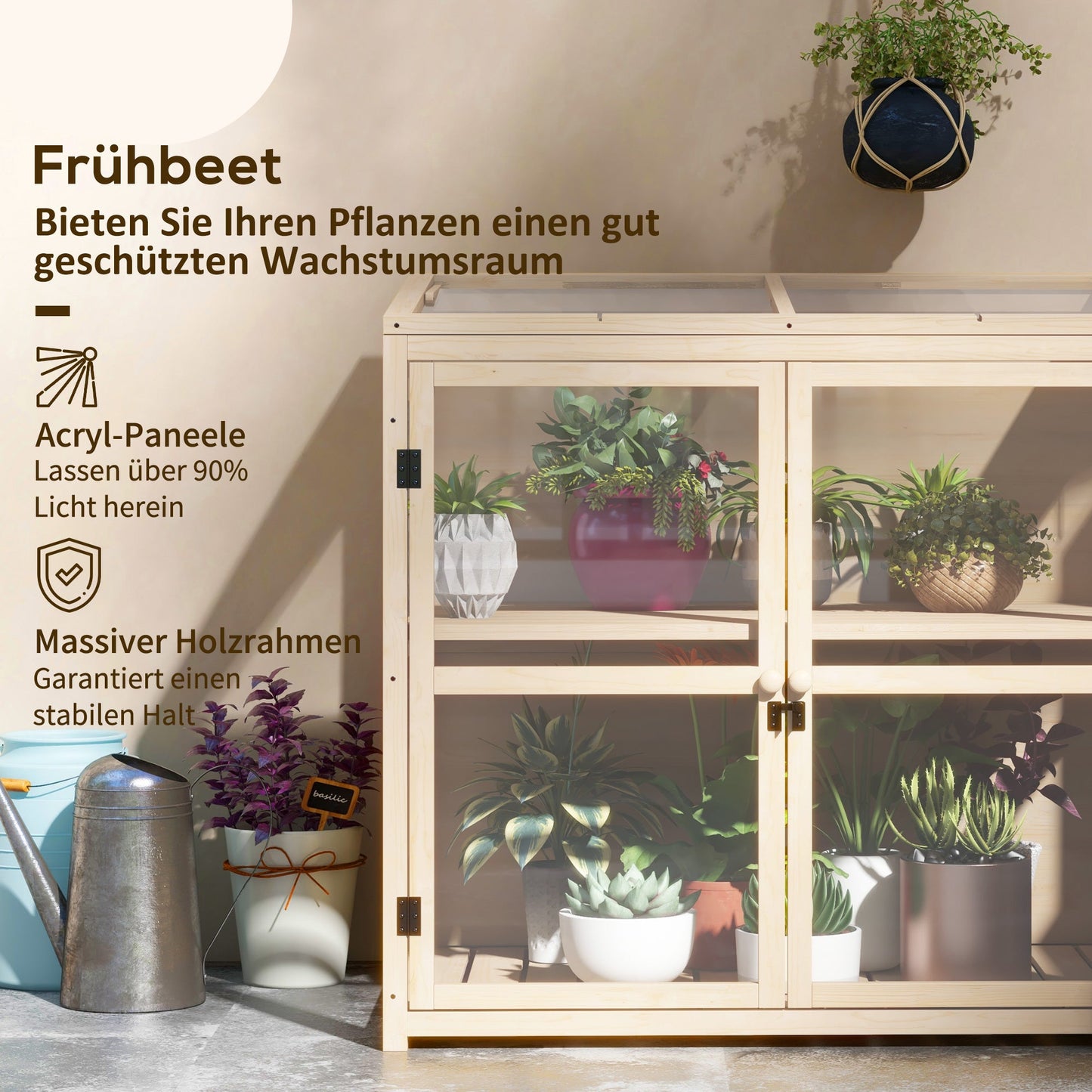 Houten Kweekkastje – Mini Kas – Kweekkast – Plantenkas – Kweekbak – Dubbele Deuren – Verstelbaar Dak – Natuurlijk Hout – Compact 103x61x103 cm – 2 Laags Met Acrylpanelen
