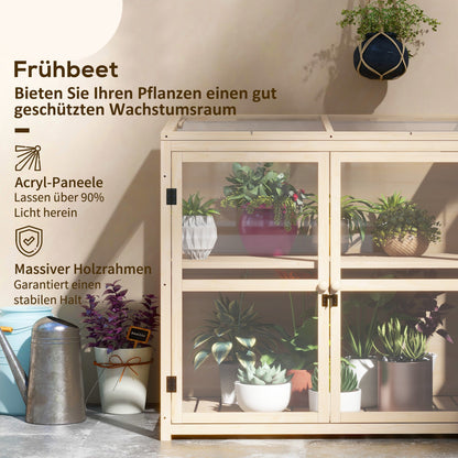 Houten Kweekkastje – Mini Kas – Kweekkast – Plantenkas – Kweekbak – Dubbele Deuren – Verstelbaar Dak – Natuurlijk Hout – Compact 103x61x103 cm – 2 Laags Met Acrylpanelen