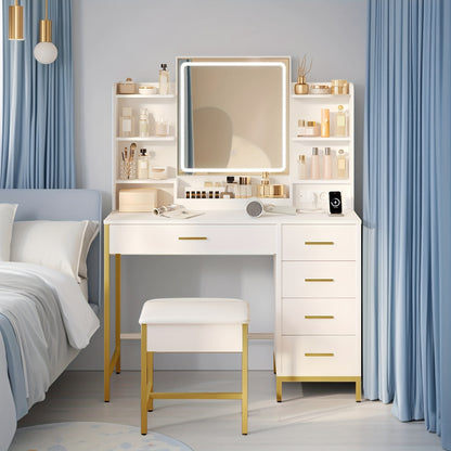 Kaptafel – Make-up Tafel – Cosmeticatafel – Dressing Table – Opbergtafel – Verstelbare LED Verlichting – 5 Lades Met USB & Stopcontact – Wit Goud Met Gewatteerde Kruk
