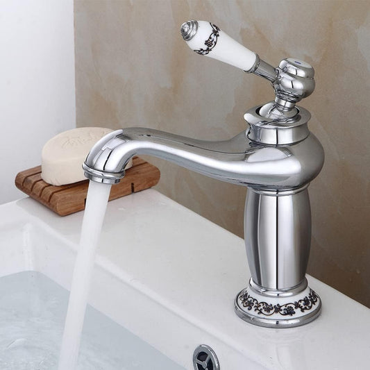 Goodslinesshop Retro Nostalgia Basin Antique Brass Mixer Tap Vintage Porcelain Basin Mixer Tap Nostalgia Single Lever Mixer Tap for Bathroom Silver