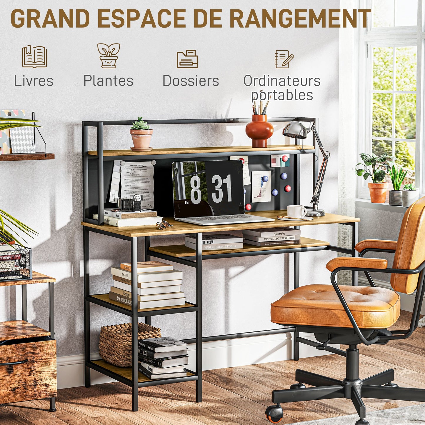 Computertafel – Bureau – Werkplek – Schrijftafel – Studietafel – Met 4 Opbergrekken – Zwart Schrijfbord – 120x53x126 cm – Industrieel Bruin Zwart