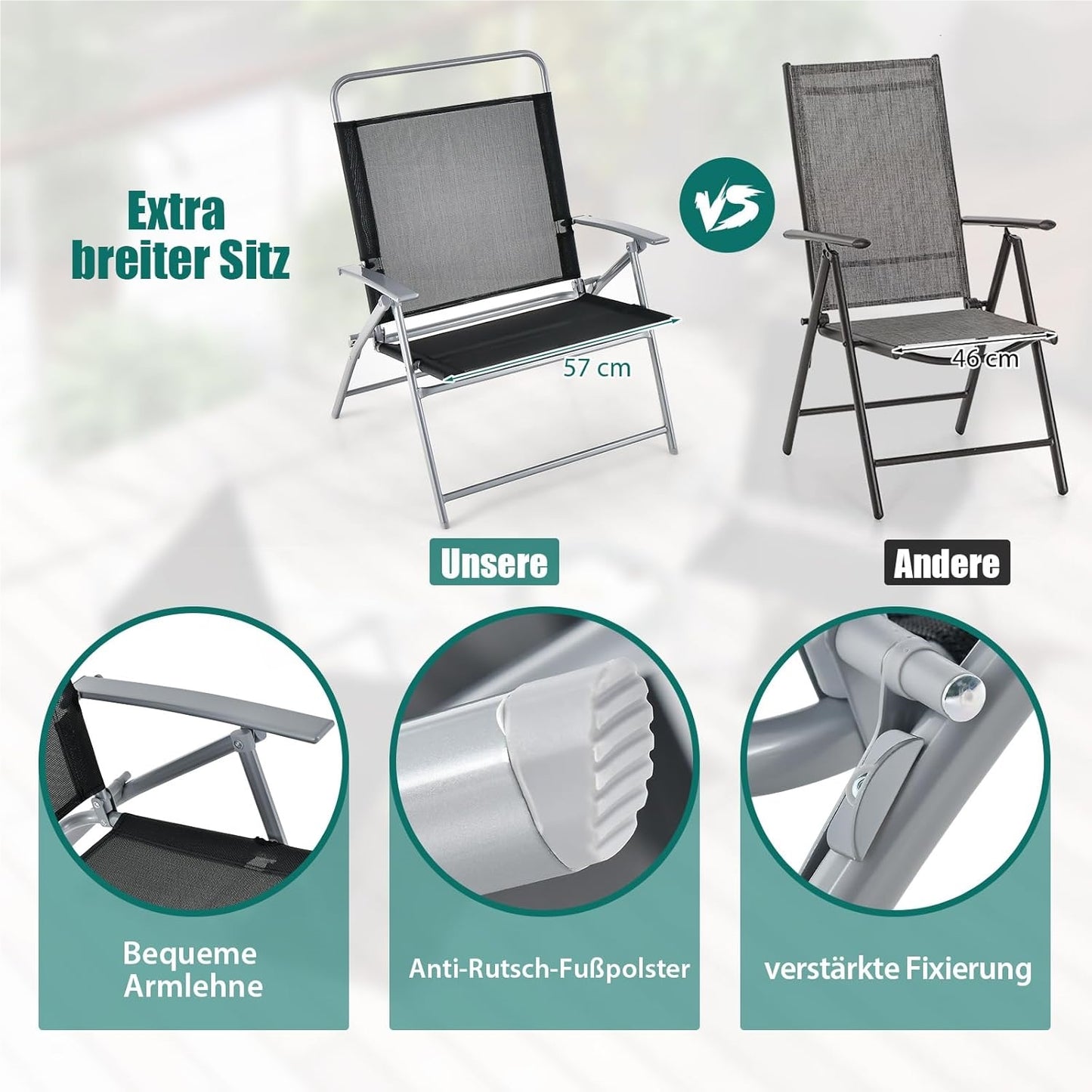 3-Delige Balkonset – Opvouwbare Tuinset – Bistroset – Balkonmeubilair – Terrasmeubilair – Extra Breed Zitvlak 57 cm – Duurzaam Metalen Frame