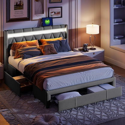 Gestoffeerd Tweepersoonsbed – Bedframe – Ledikant – Bed Met Opberglades – Slaapbed – 140x200 cm – LED Verlichting – USB Oplaadpoort