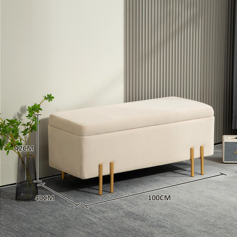 Opbergbank – Opbergbank – Zitbank – Opberghocker – Opbergmeubel – Beige Fluwelen Bekleding – Gouden Metalen Frame