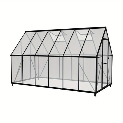 Kas – Serre – Plantenhuis – Tuinkas – Broeikas – Aluminium Frame – Verzinkte Stalen Fundering – Schuifdeur & Dakraam – 340x180x195 cm – 4 mm Polycarbonaat – Weerbestendig & Duurzaam - QUORE