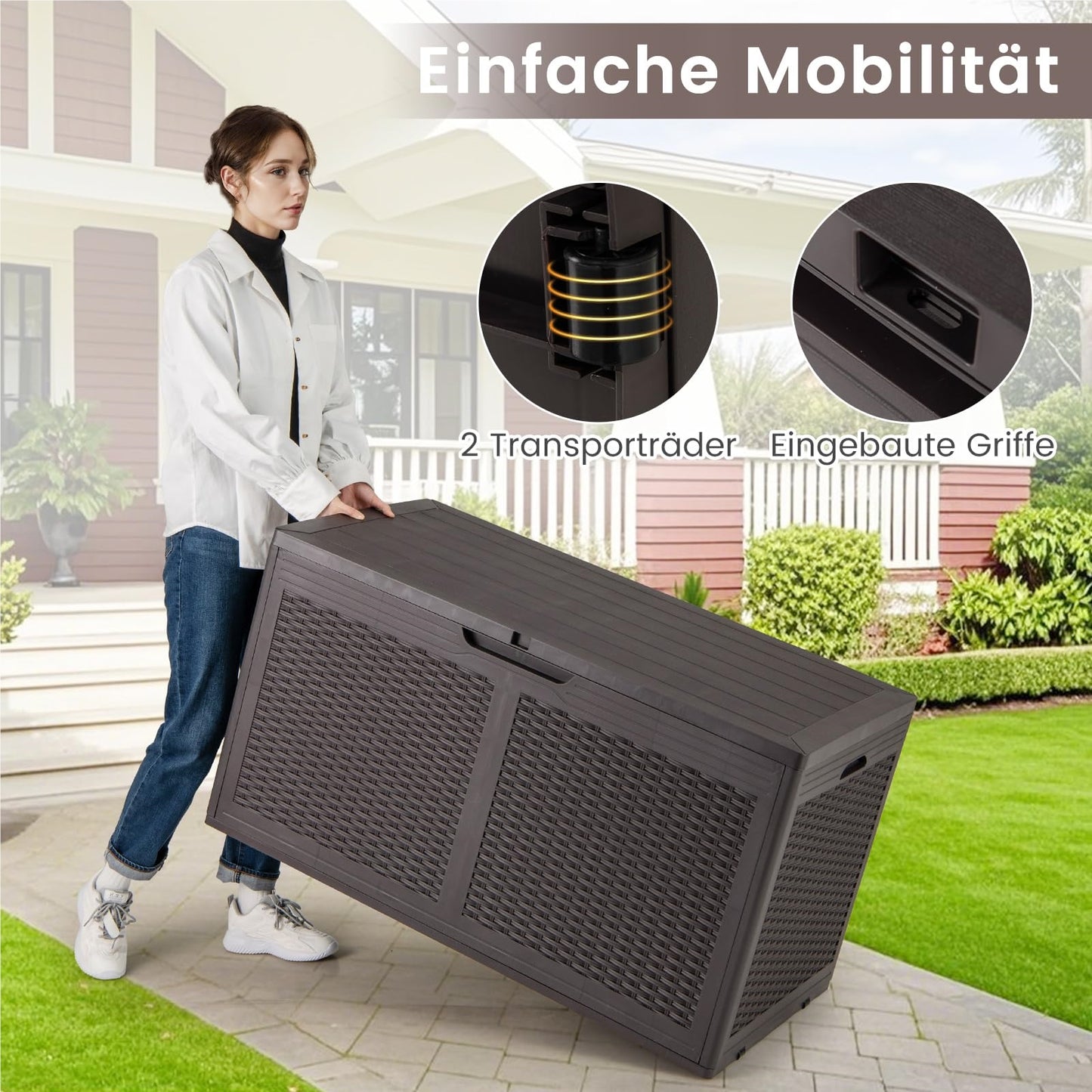 Opbergbox Tuinkist Tuinbox Buitenopberger Balkonbox – Rattan Opbergkist – 380 Liter – Waterdicht PP – Met Wieltjes & Zitfunctie 200 kg