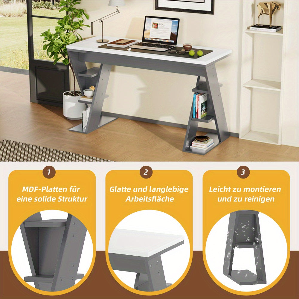 Bureau – Bureautafel – Werkplek – Computertafel – Computerbureau – Modern X-frame – Ruim Werkblad – Open Opberglades – Stevig & Onderhoudsvriendelijk – Grijs/Wit