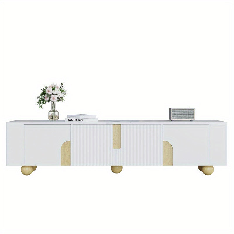 Tv-Meubel – Tv-Kast – Tv-Stand – Media-Meubel – Dressoir – Wit Met Houten Accenten – 180 cm Breed – Marmerlook Blad Met Houten Bolpootjes