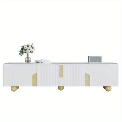 Tv-Meubel – Tv-Kast – Tv-Stand – Media-Meubel – Dressoir – Wit Met Houten Accenten – 180 cm Breed – Marmerlook Blad Met Houten Bolpootjes