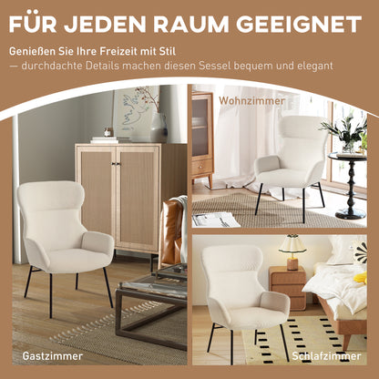 Fauteuil – Lounge Chair – Leunstoel – Wingback Stoel – Creme – Hoge Rugleuning – Stevige Stalen Poten