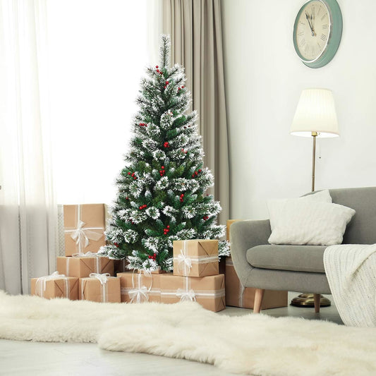 Kunstkerstboom – Nepspar – Kunstboom – Kerstboom – Tafelkerstboom – Met Sneeuweffect en Rode Bessen – Stevige Metalen Standaard