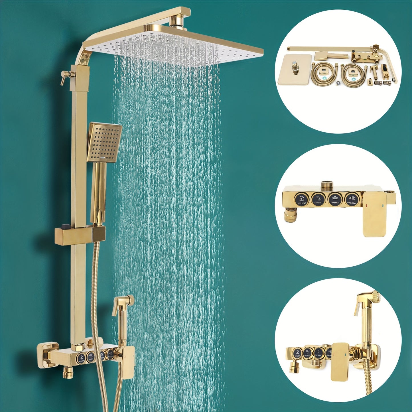 Douche Systeem – Douche Set – Complete Douche Set – Badkamer Douche – Regendouche – Gouden 4-in-1 Douche Systeem – 22,86x22,86 cm Regendouche – Messing Duurzaam