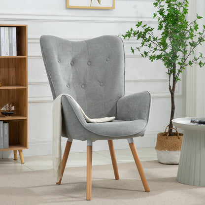 Fauteuil Scandinavisch – Zithoekstoel – Leunstoel – Lounge Chair – Relaxstoel – Grijs Stof – Houten Armleuningen – Afmeting 66x71x109 cm