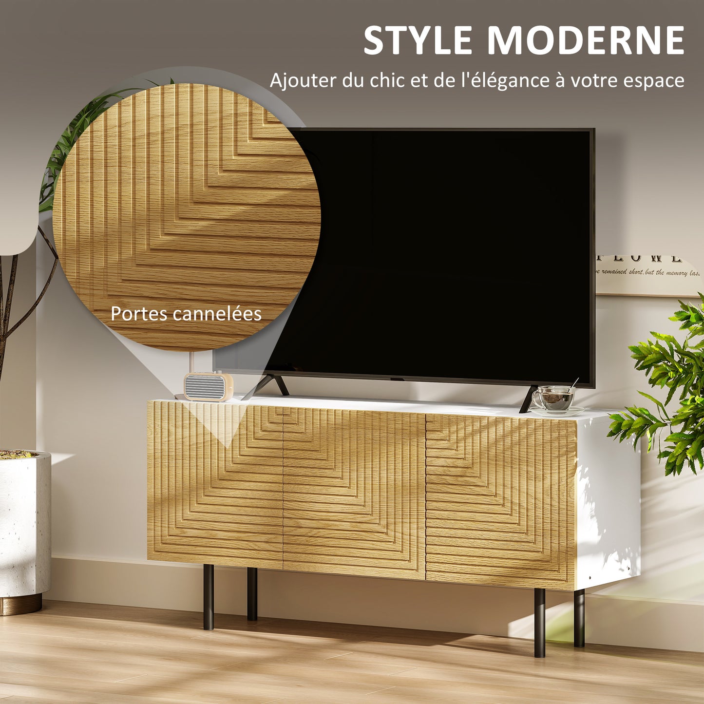 HOMCOM TV Stand Wooden TV Cabinet for Tvs Up to 65 Inches with Cane-Door Cabinets And Cable Pass-Through for Living Room Bedroom, Natural Wood Effect
